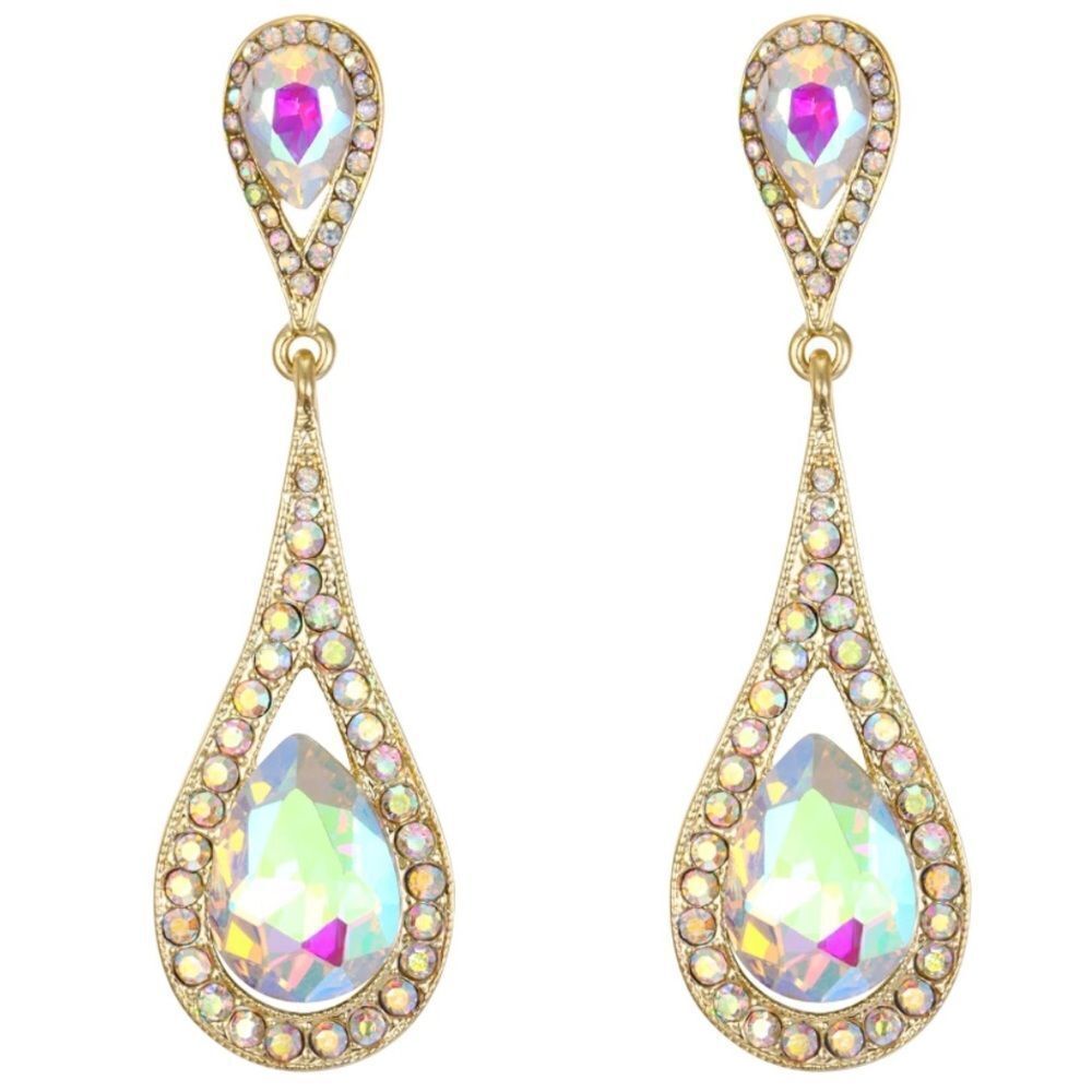 Yellow Gold with Iridescent AB Austrian Crystal Dual Teardrop Dangling Earrings